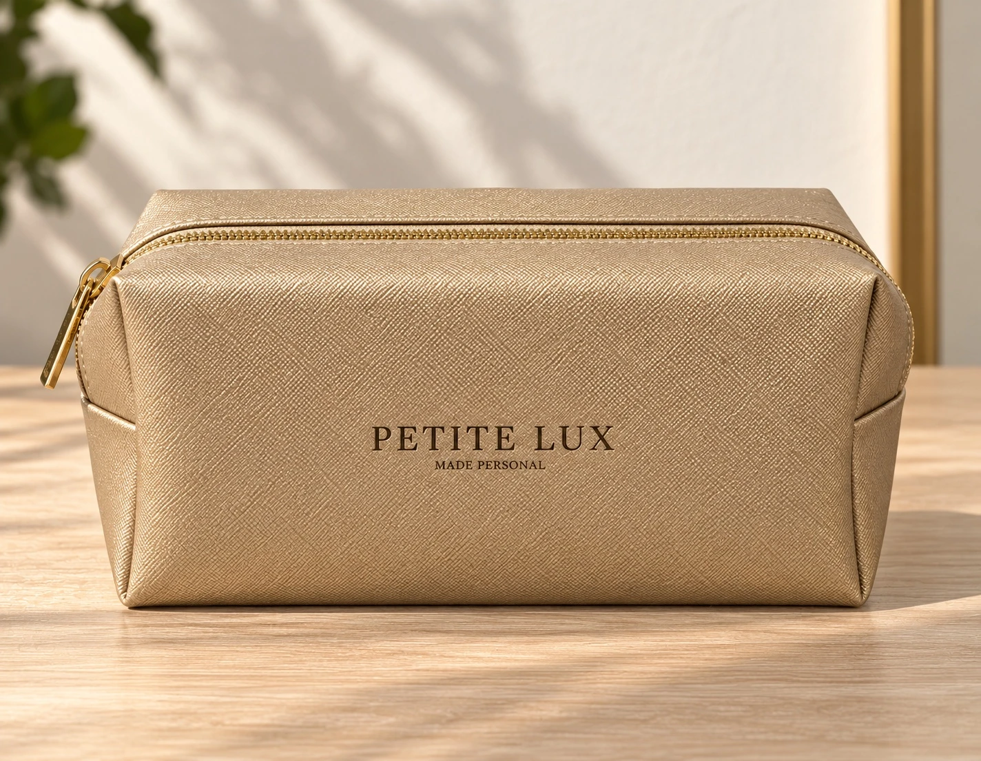 Pouch personalised with Petite Lux branding as a company-logo example