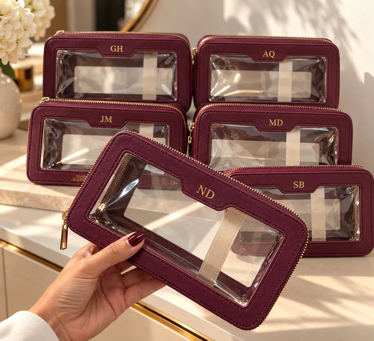 Burgundy cosmetic bags personalised with different initials