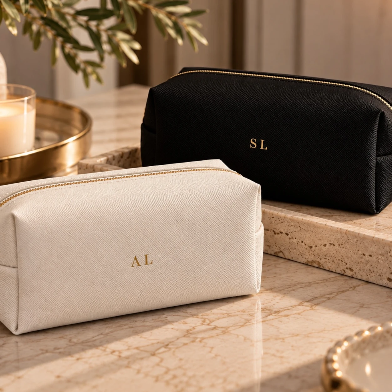 Cream and black monogrammed pouches
