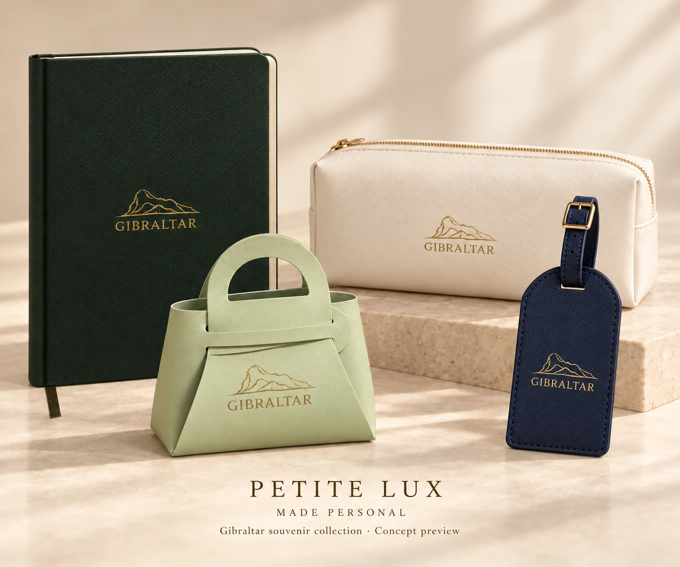 Preview of Gibraltar notebook, pouch, mini bag and luggage tag designs
