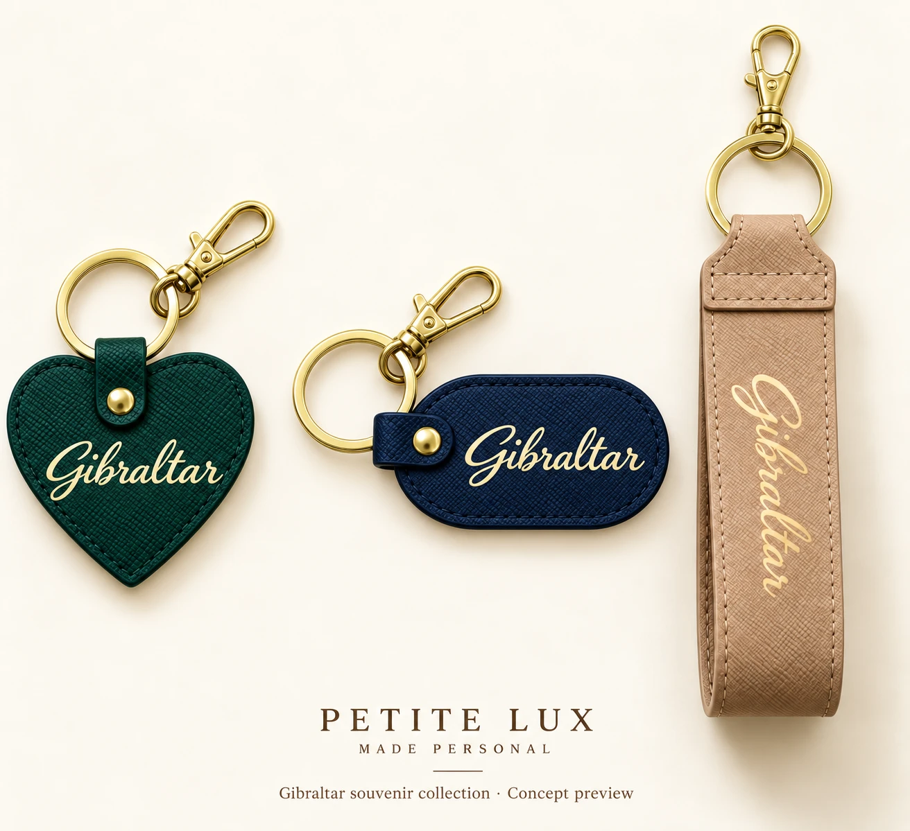 Gibraltar script on heart, oval and wrist strap keyrings
