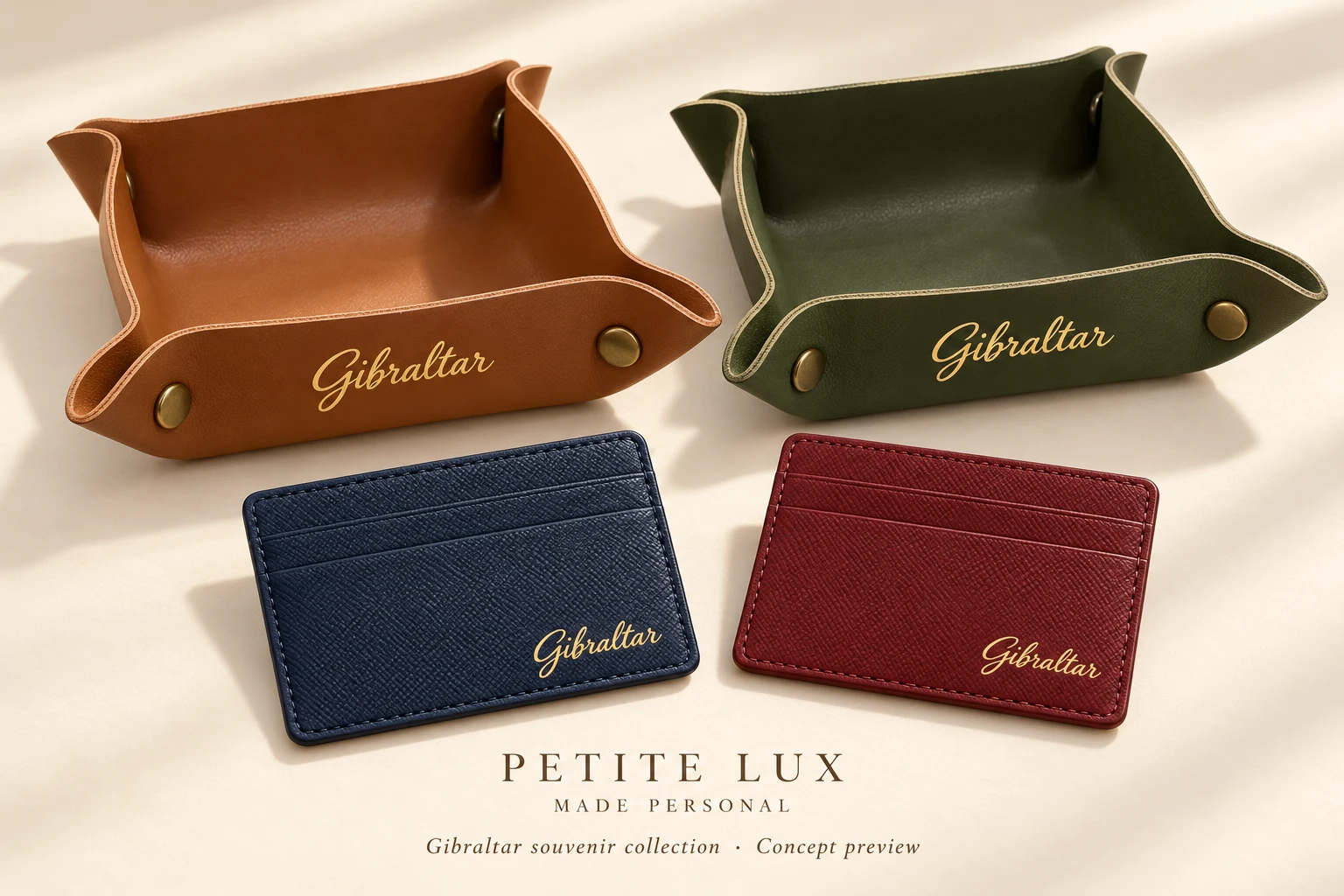 Gibraltar script on soft trays and cardholders